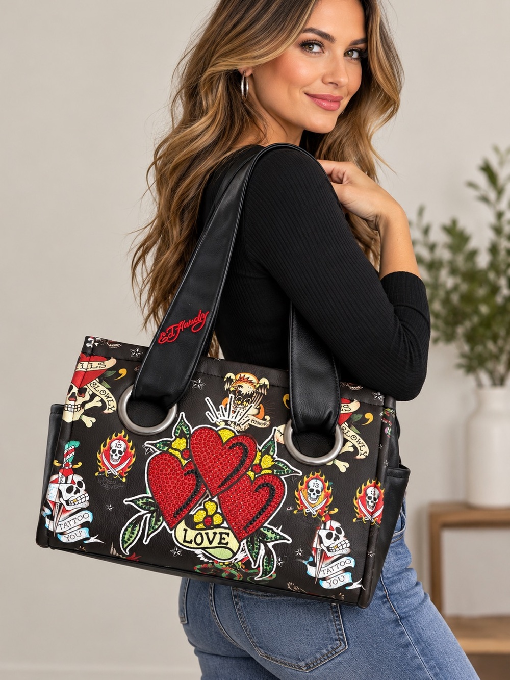 Ed Hardy Black Tote with Red Heart Motif and Multicolor Tattoo Print